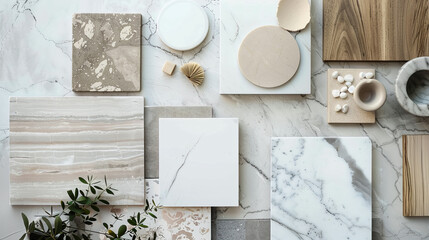 A flat lay of interior design material samples including marble, wood, and stone in neutral and earthy tones, minimalist photography, trending on Pinterest