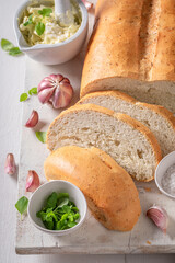 Fresh and delicious bread seasoning with garlic olive oil.