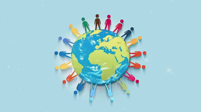 World globe surrounded by people holding hands  in paper cut style with light blue ocean background. World population day poster video  design.
