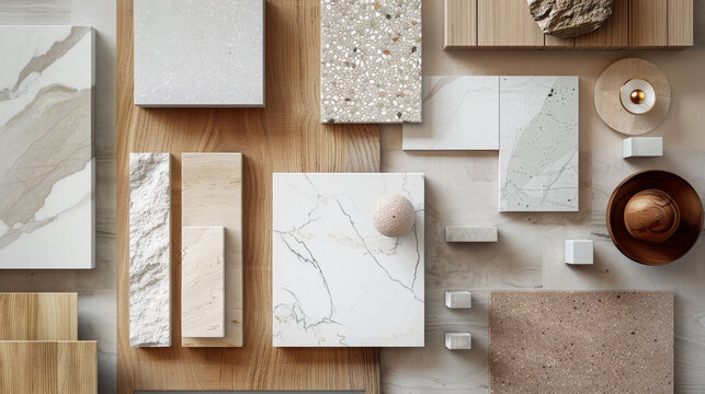 A flat lay of interior design material samples including marble, wood, and stone in neutral and earthy tones, minimalist photography, trending on Pinterest