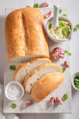 Fresh and delicious bread made of olive oil and garlic.
