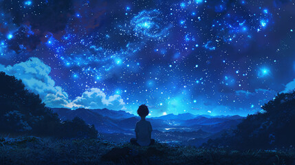 Obraz premium A whimsical scene capturing a child gazing up at the night sky, where cosmic wonders blend with dreamlike imagination, creating a sense of wonder and innocence