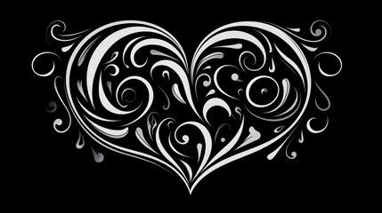 Elegant Black and White Ornamental Heart Design with Swirls and Curlicues
