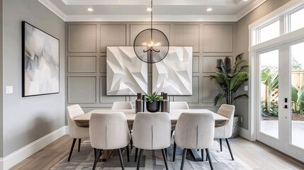 A stylish dining area with a modern table, chic chairs, and a statement chandelier, set against a backdrop of contemporary wall art and decor