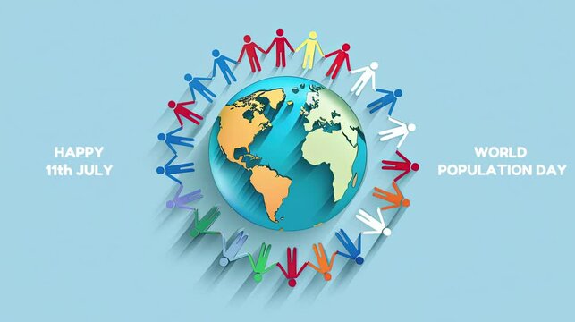 World globe surrounded by people holding hands  in paper cut style with light blue ocean background. World population day poster video  design.