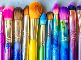 Fototapeta premium A collection of eyeshadow brushes with colorful bristles