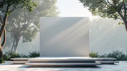 A podium on an outdoor stage, with a mockup backdrop for event branding or custom graphics, capturing a professional yet dynamic atmosphere