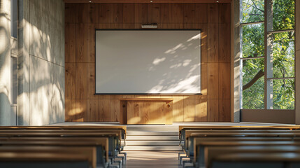 A podium in a classroom environment, featuring a mockup screen for educational content or interactive presentations