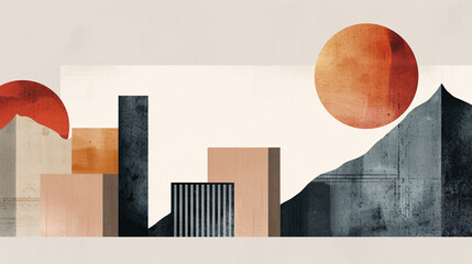 A minimalist illustration featuring a blend of geometric shapes and muted colors, arranged in a balanced composition for a refined look