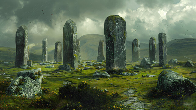 An ancient stone circle standing silent and mysterious in the moors, where whispers of druids and Celtic legends echo through the ages