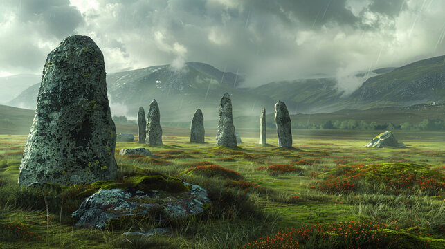 An ancient stone circle standing silent and mysterious in the moors, where whispers of druids and Celtic legends echo through the ages
