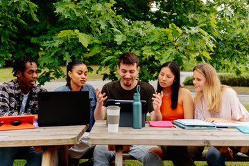 multiracial and diverse group of students working together with laptops and class notes on a common...