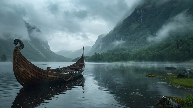 A solitary Viking longship moored on a tranquil fjord, its sleek lines and dragon-headed prow symbolizing the strength and power of Norse seafaring