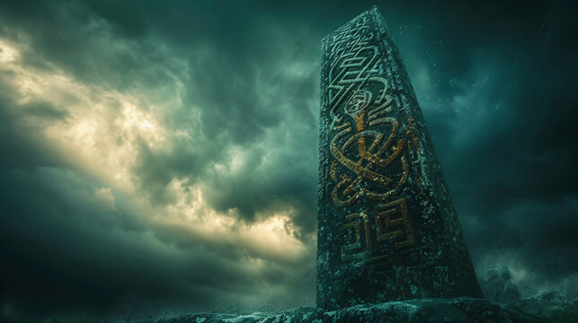 A weathered rune stone standing tall against a stormy sky, its carved symbols telling tales of valor and honor from a bygone era of Viking exploration