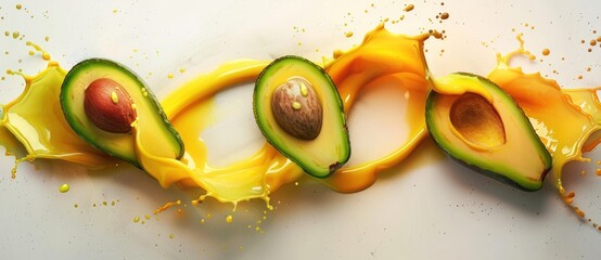 Avocado with splash of juice. Refreshing fruit beverage concept.