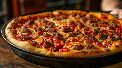 Close-up of a meat lover's pizza with pepperoni, sausage, and cheese on a rustic wooden table.