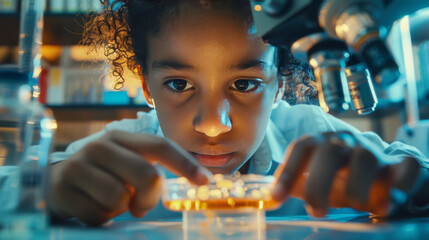 A young girl focused on conducting a science experiment in a laboratory setting. - Powered by Adobe