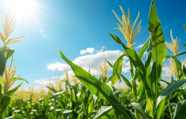 Obraz premium Young corn growing on the field, close up. Agricultural concept.