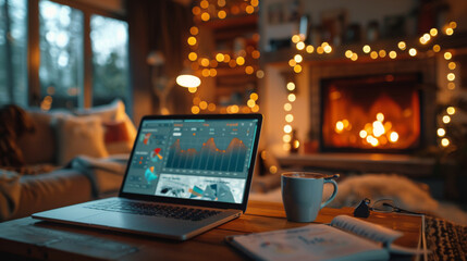A laptop with charts open next to a cup of coffee, set in a cozy living room with a fireplace and warm lights.