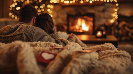 A couple snuggling together under a blanket, enjoying the warmth of a fireplace in a beautifully lit, cozy living room.