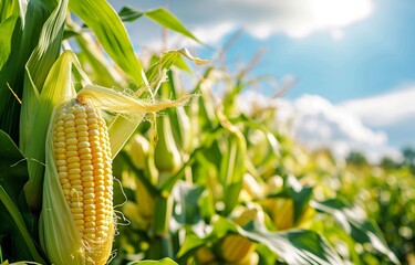Young corn on the cob in the field.