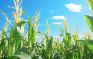 Obraz premium Young corn growing on the field, close up. Agricultural concept.