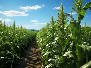 Obraz premium Young corn growing on the field, close up. Agricultural concept.