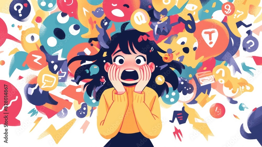 Poster a cheerful girl is screaming in fear against a backdrop of white featuring colorful icons in a playf
