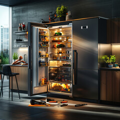 A sleek, modern kitchen with an open refrigerator filled with fresh produce and groceries, emphasizing organization and contemporary design.
