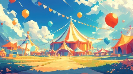 Illustration of a circus setting in the background rendered in a vibrant 2d design