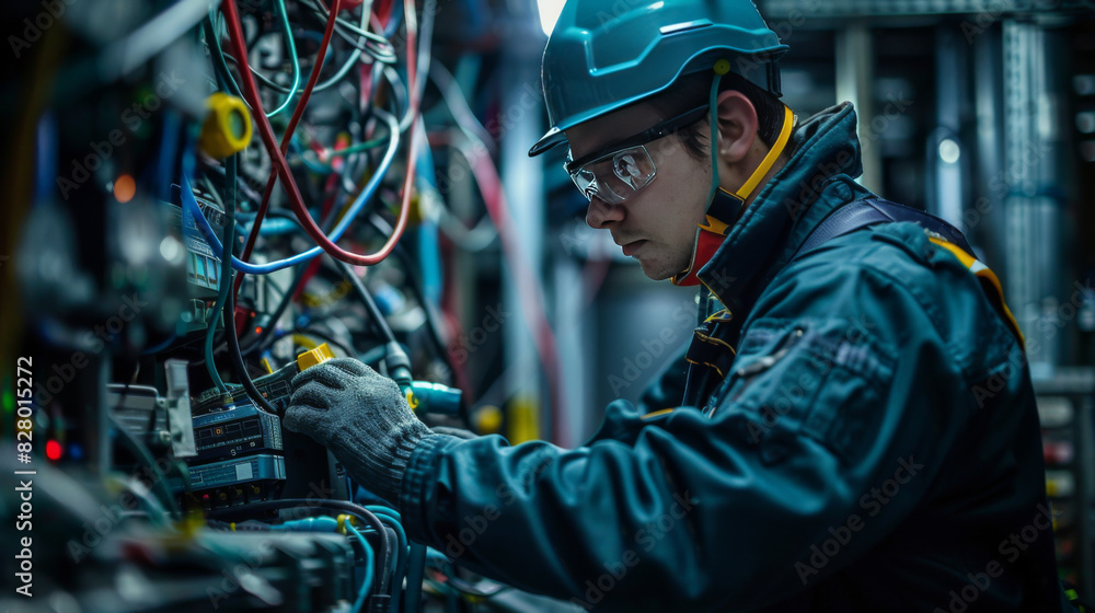 Poster an electrician wearing protective gear works meticulously on a complex array of wiring and circuits 