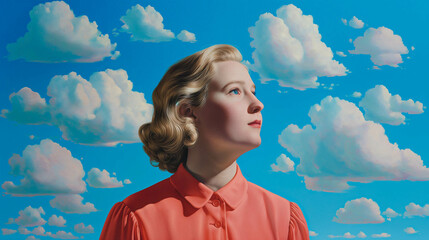 Artwork, portrait of a girl with head in the clouds