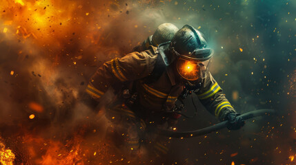 Naklejka premium A firefighter, obscured by smoke and sparks, courageously battles intense flames during a fire rescue operation.