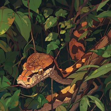 Close-Up of Reticulated Python in Lush Jungle Vegetation