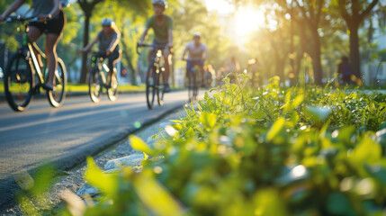 Fototapeta premium A group of cyclists riding in a sunlit park, enjoying a healthy outdoor activity amid lush greenery and nature.