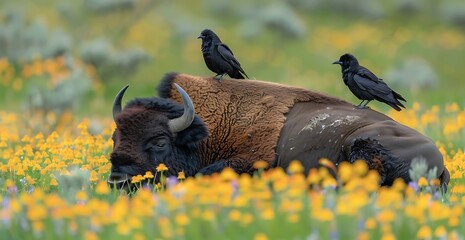 A bison resting on the grassland in a Field of Yellow Flowers, surrounded by birds in Yellowstone National Park, USA.