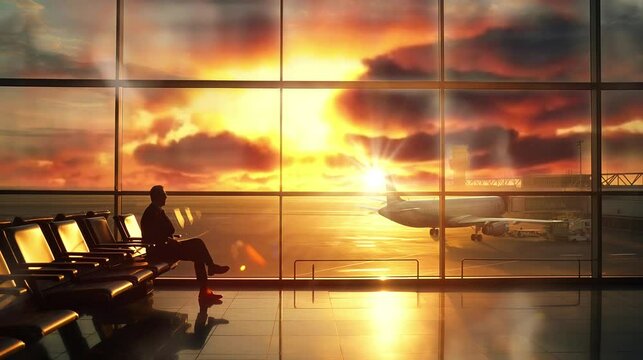 A businessman with luggage suitcase is waiting for plane departure at the airport at sunrise