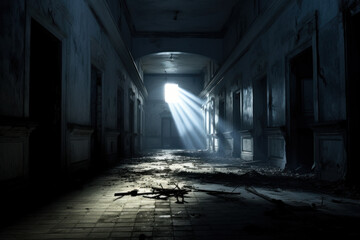Abandoned hallway illuminated by a beam of light, creating a suspenseful and haunting atmosphere.