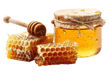 A jar of honey is next to a honeycomb and a wooden spoon on a Transparent Background.