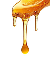 A drop of honey drips down a spoon on a Transparent Background.