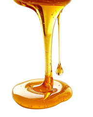 A golden liquid is dripping from a container on a Transparent Background.