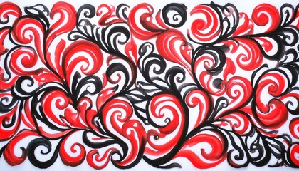  Elegant calligraphic ornament of red and black curly lines, on a white background; hand draw 