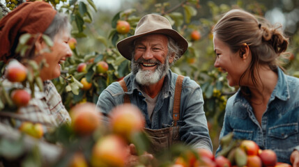 An elderly farmer, laughing joyfully with a young woman and another elderly woman in a lush apple orchard.