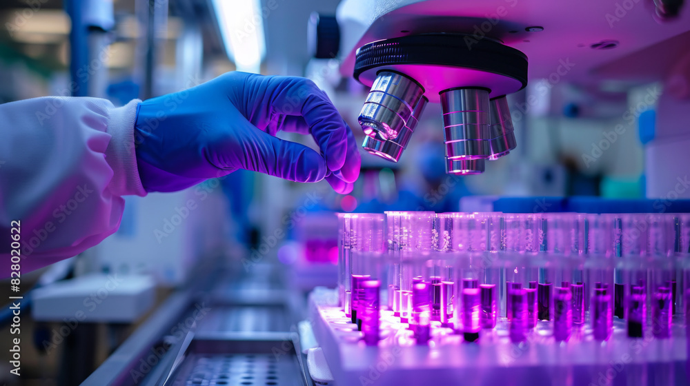 Poster a scientist in blue gloves examines samples under a microscope in a technologically advanced lab.