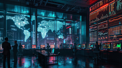 A modern monitoring room filled with personnel watching over urban activities on high-tech screens and digital displays.