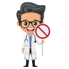 Cartoon of doctor holding a forbidden sign. Health and medicine concept. Health professional to perform a checkup or medical examination on a patient. Research, science and technology in health