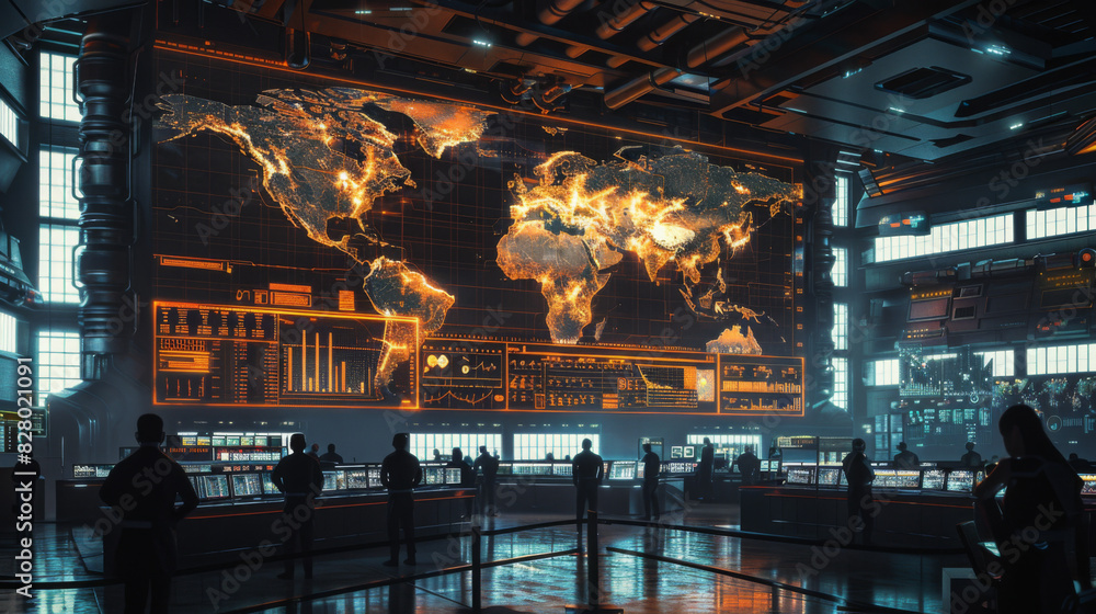 Aufkleber a high-tech command center monitors global activities on a massive digital map display, depicting a 
