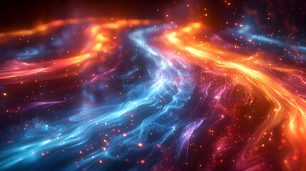 Obraz premium Colorful vibrant neon light stripes and dots, illuminated modern light waves, luminous lighttail stripes on a dark moody background, futuristic design, modern elegant light art