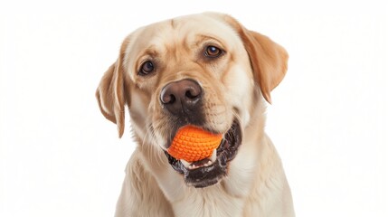 Labrador retriever with a ball in its mouth, isolated on solid white background