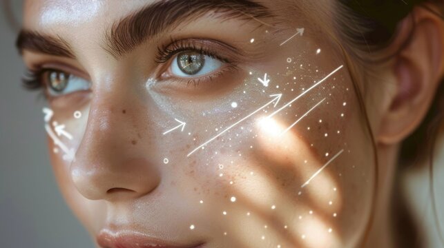 A closeup of a persons face with arrows and text guiding them on where to apply highlighter and bronzer for a natural glow all through augmented reality.